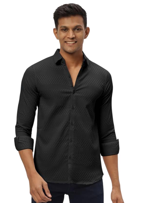 Image of Men's Polycotton Casual Textured Button Down Regular Fit Shirts Long Sleeve Shirt