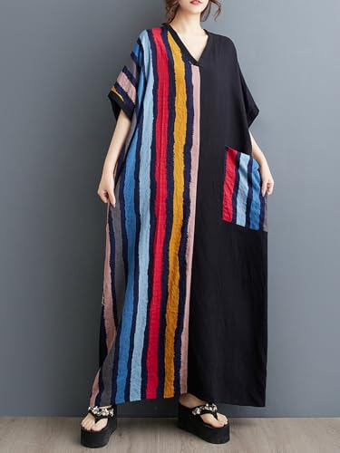 Image of Women Plus Size Dress Black and Color Stripes Patchwork Summer Casual V Neck Short Sleeves Long Dresses with Pockets