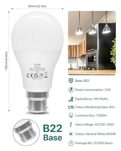 LUTW Bayonet Light Bulb, 100W Equivalent, Neutral White 4000K, 12W 1200LM B22 LED Bulbs - Image 2