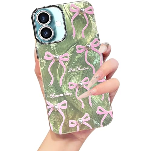 Image of VONZEE Compatible with iPhone 16 Plus 6.7'' Case Luxury Pink Girly Cute 3D Bow Pearl Glitter Bling Case with Full Camera Protection Shockproof PC+TPU Glossy Shiny Cover for Girls Women, Gold