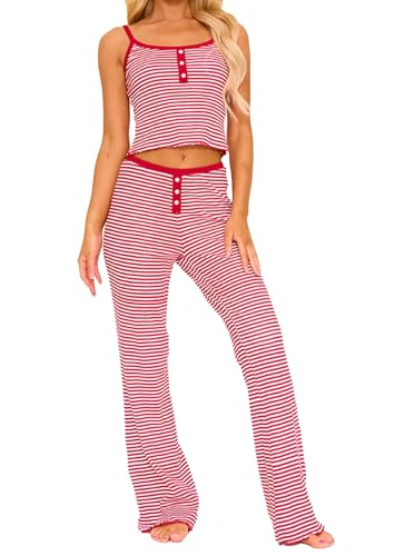 Remidoo Women's Striped Pajama Set Cami Top and Long Pants 2 Piece Sleepwear
