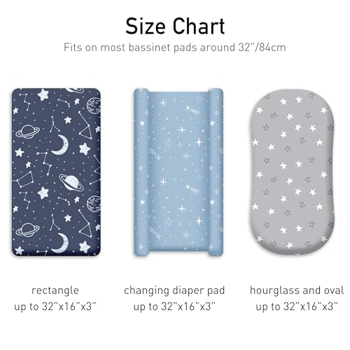 Image of Baby Bassinet Sheets 3 Pack, Fitted Cradle Sheets for Boys & Girls, Ultra Soft Breathable 32 inch x 16 inch, Universal Fit for Rectangle Round Oval Hourglass Mattress (Blue Gray Planet)