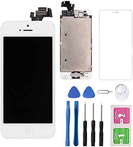 BAIGE Compatible for iPhone 5 LCD Screen Replacement, Display Screen Touch Digitizer Assembly Frame and Home Button, Front Camera, Proximity Sensor, Earpiece,Repair Tool Kit Tempered Glass (White)
