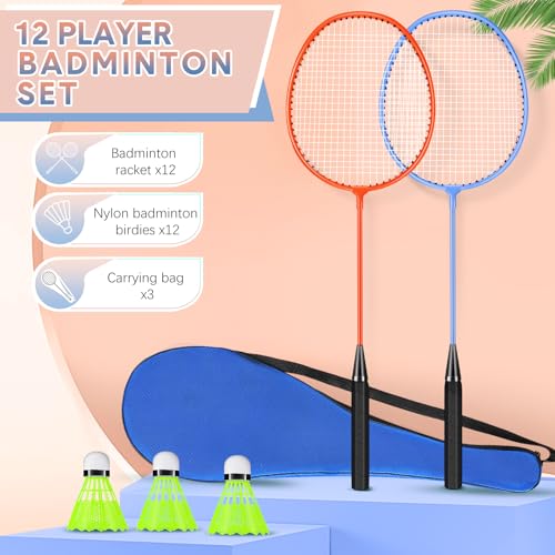 Image of 12 Pack Badminton Rackets Set Including Badminton Racquets, Nylon Shuttlecocks and Carry Bag for Outdoor Backyard Games Beginners