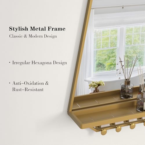 Image of BEAUTME 26x20 inch Bathroom Mirror with Shelf, Irregular Hexagonal Metal Wall Mirrors with Hooks, Bathroom Vanity Mirror Farmhouse, Wall Mounted Mirror Decor for Living Room Bedroom Entryway (Gold)