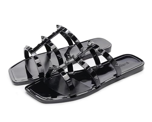 Image of Women Flats Sandals, Studded Jelly Shoes Size 9 Red Dressy Summer Beach Rivets Strappy Jellies Slide Slip On Open Toes