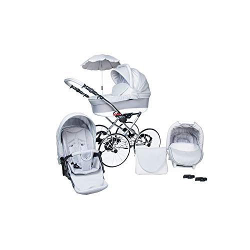Kinderwagen Amberline Classica Lux Retro Eco Leder, 3 in 1 - Set Wanne Buggy Babyschale Autositz mit Zubehör (Regenschutz Insektenschutz Adaptersitz Sonnenschirm 17' Speichenmetallräder) (Silber)