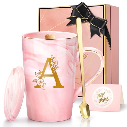 Personalized Marble Ceramic Mug Gifts for Women, 14 Oz Pink Initi...