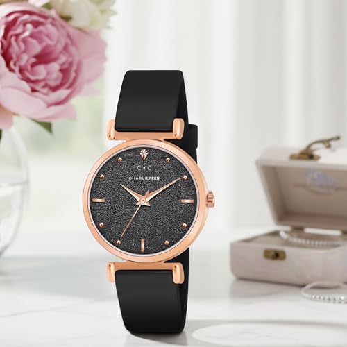 Image of CHARLIEKEEN Women's Analog Watch with Rose Gold Case, Silicone Band, Textured Dial, Crystal Markers
