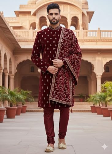 Image of Elegant Men's Wedding Sherwani Dupatta, Gold Velvet Floral Print, Traditional Indian Ethnic Wear with Tassels, Free Size