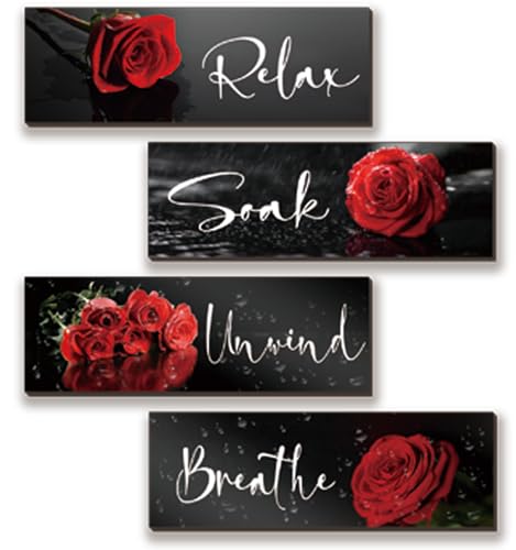 ZINYAZHE 4 Pieces Red Rose Bathroom Wall Decors Flower Restroom Relax Soak Unwind Breathe Red Wall Art Farmhouse Bathroom Sign for Bedroom Living Room Home Decoration(12x4 Inch)