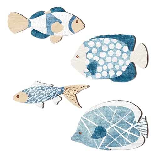 Fruusv Wooden Fish Wall Decor, 4x Wall-Hangable Fish Sculpture, Coastal Nautical Style, Vintage Beach Lake Ornament, Set of 4, Blue & White, Ideal for Indoor and Outdoor, 0.2 Inches