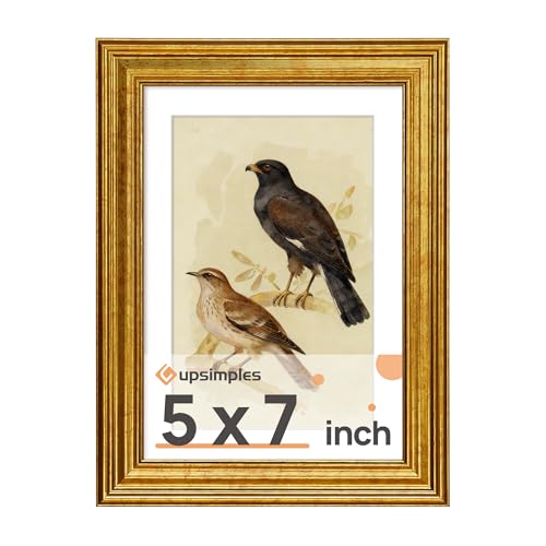 upsimples Vintage 5x7 Picture Frame Antique Gold Frame Displays 4x6 with Mat or 5 x 7 Without for Wall or Tabletop Decor 1pack