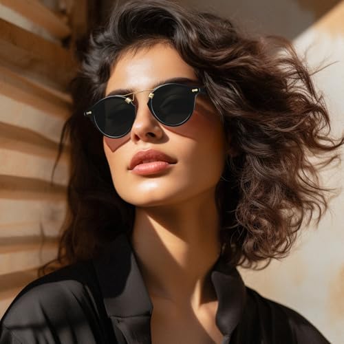Image of CARFIA Small Face Acetate Polarized Sunglasses for Women UV Protection, Retro Double Bridge Eyewears Metal Brow Round Sunnies