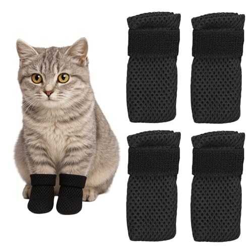 YAOYYG Lot de 4 Bottes Anti-Rayures pour Chat, Réglables en Maille Respirants Bottes de Protection pour Chat, Protège Les Pattes de l’Animal et Les Sols,...