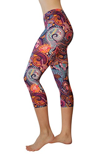 Comfy Yoga Pants - Dry Fit - Slimming Mid Rise Cut - Printed Yoga Leggings (Capri Purple Paisley) #TOP2