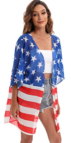 Image of DDSOL Women's American Flag Kimono Cover up Beachwear Cardigan Loose Tops Shirt Blouse