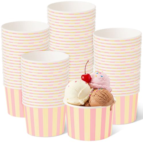 Image of Zopeal 50 Count Pink and Cream Striped Ice Cream Cups Paper Dessert Bowls | Disposable 9 oz Ice Cream Bowls, Birthday Party Supplies, Snack Cups Sundae Picnic Yogurt Bowls for Food