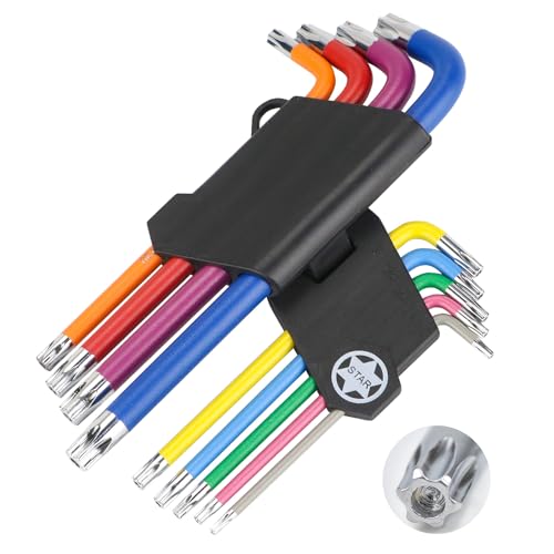 Anesty Torx Key Set 9pcs T10-T50 Security Tamperproof Torx Star Key Set Cr-V Steel Made, Colour Coded Long L Shape Star Keys