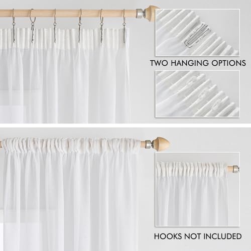 EMEMA Gardinen Vorhang mit Kräuselband 2er Set Sheer Voile Weiß Vorhänge Stores Transparente Gardine für Schienensystem Wohnzimmer Luftig Dekoschal für Schlafzimmer 140 X 245cm(B x H)