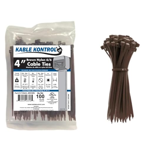 Kable Kontrol Brown Zip Ties 4 Inch 100 Pcs 18 Lbs Tensile Strength Self-locking Nylon Colored Cable Ties Wire Wraps for Indoor or Outdoor Use