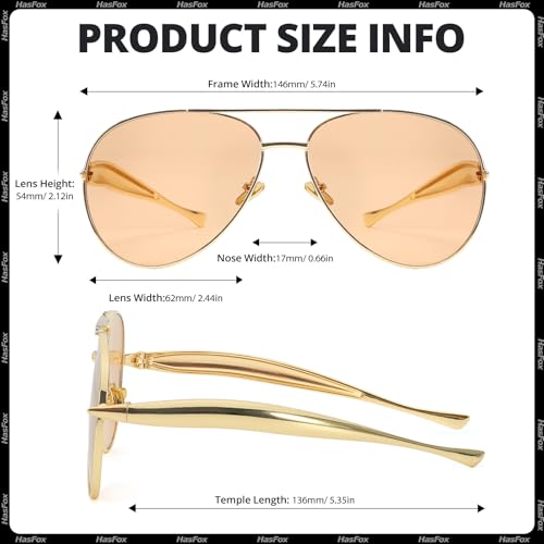 HASFOX® 2 Pack Retro Gold Aviator Sunglasses for Women Men 2025 Metal Oversized Shades 70s Trendy Designer UV400 Sun Glasses4