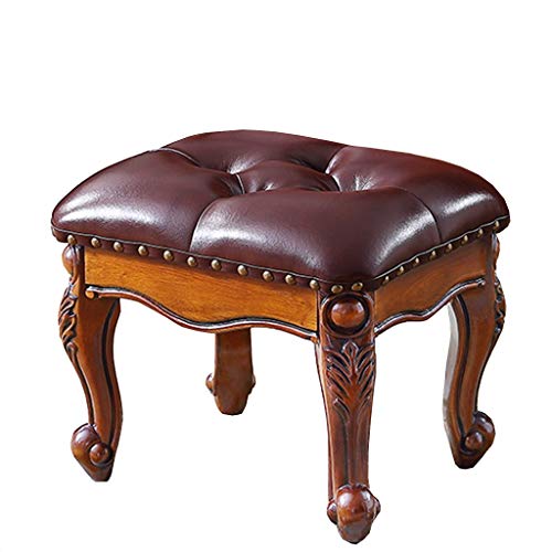 Taburete Americano, Taburete de Mesa de café, Sofá de la Sala de Estar Taburete de Madera Maciza Cuero tapizado de Lujo, Queen Anne Legs Footstools (Color : Brown)