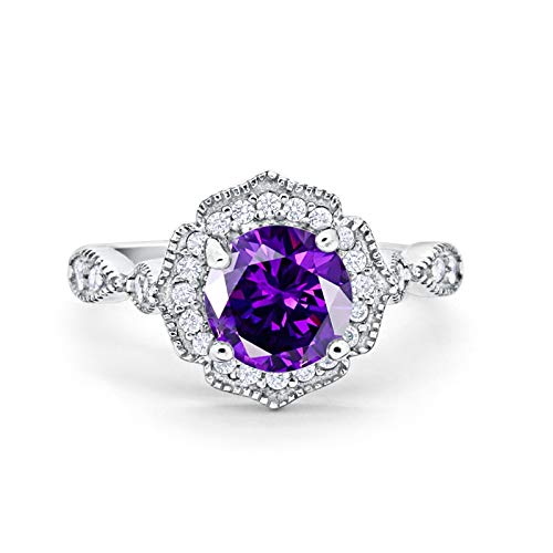 Blue Apple Co. Halo Art Deco Floral Wedding Engagement Ring Round Simulated Amethyst Cubic Zirconia 925 Sterling Silver Size-7