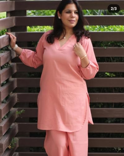Image of Femezone Women Cotton slub Co-ord Kurta and Pant Set (FEM22230610-01-Vcord)
