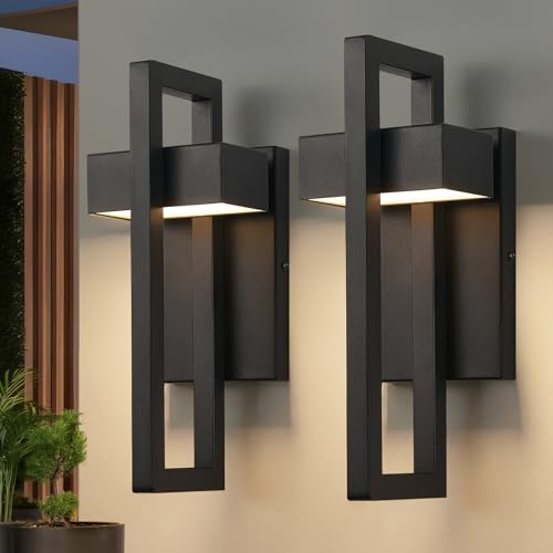 Image of tewei LED Outdoor Wall Sconce Modern Exterior Lighting Fixtures, Matte Black Outdoor Front Porch Lights LED Outside Wall Mount Lights for House, Hallway, Warm White 3000K, 2 Pack