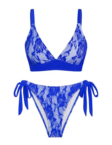 Image of seamoly Women's Bikini Sets Halter Neck Crochet Colorblock Two Piece Swimsuits Open Back Sexy High Cut Thong Bathing Suit