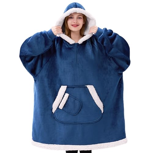 Giggling Getup Wearable Blanket Hoodie for Women Men Gifts for Women Mom Wife Sherpa Fleece Hooded Blanket Sweatshirt Warm Cozy Sherpa Wearable Throw with Pocket & Sleeves for Adult Oversize Navy