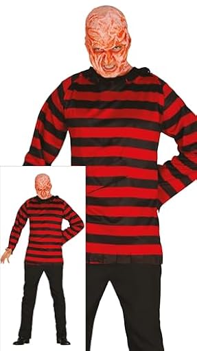 FIESTAS GUIRCA Disfraz de Asesino con Cara Quemada - Disfraz de Villano de Terror con Camisa Roja a Rayas - Disfraces de Halloween para Hombre Talla Adulto XL | Ya disponible en tu tienda friki favorita! En mundofriki.es!