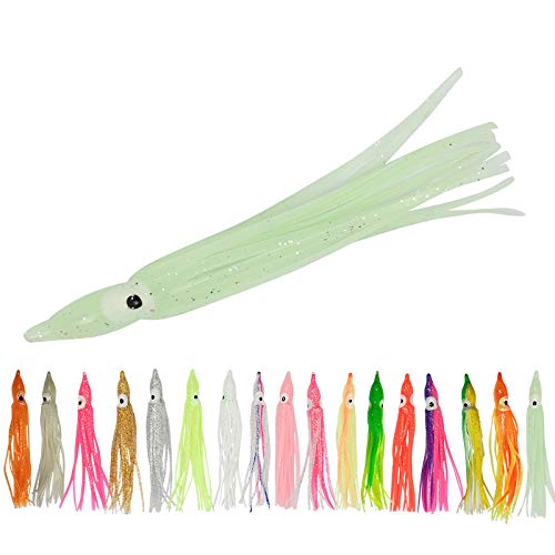 Pack of 100pcs Glow Soft Plastic Octopus Squid Skirt Fishing Lures Hoochies Trolling Saltwater Soft Fishing Lures Set for Bass Salmon Trout 2.76 inch 3.94inch 10 Colors Included