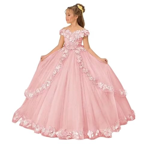 Tulle Flower Girl Dresses Off Shoulder Princess Pageant Dresses 3D Floral Girls Formal Ball Gown