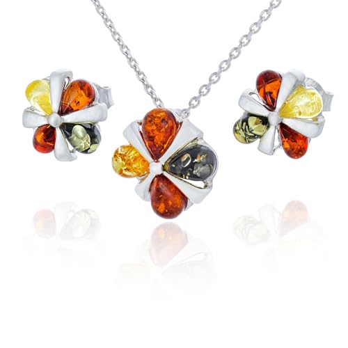 Juego de joyas de plata con ámbar báltico multicolor ideal para ocasiones especiales