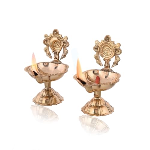 Image of The Purple Tree Pure Brass Shanku Chakra Kuber Diya for Diwali, Diwali Decoration Item for Home Decor, Brass kuber Diya for puja Room & Office, Diwali Festive Gift Item, Brass Diya (Set of 2)