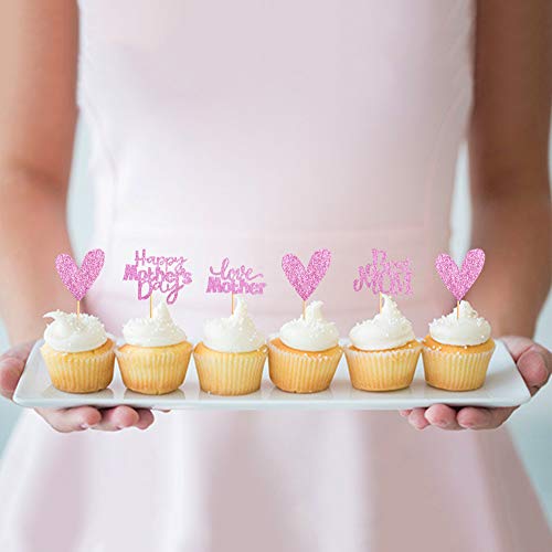 Unimall Pack Of 24 Pink Glitter Best Mom Heart Love Mother Cupcake Topper Cupcake Picks For Mother's Day Party Decoration #TOP5