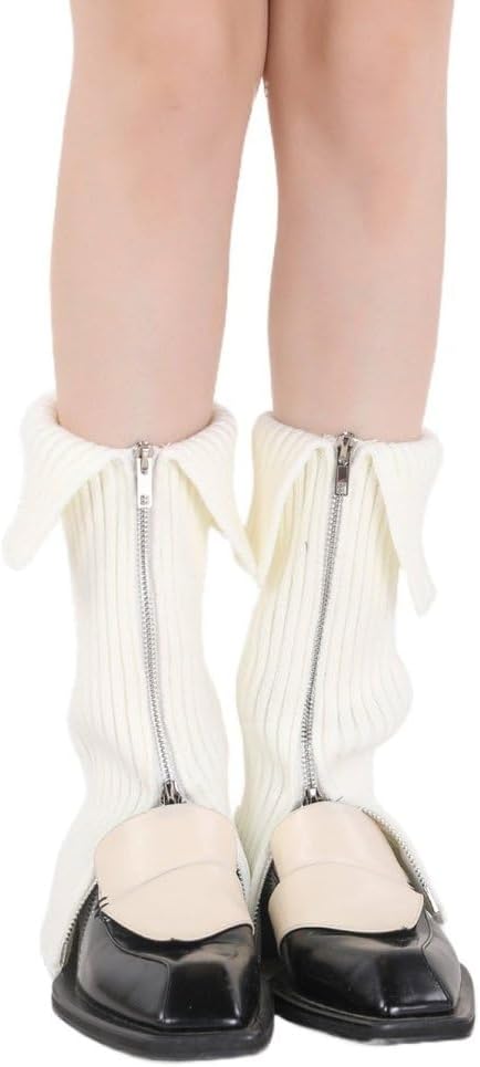 Solid Knitted Winter Leg Warmers for Women Soft Fashion Y2k Zipper Long Socks