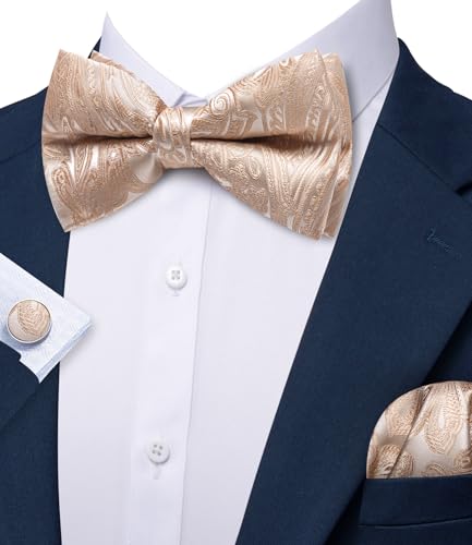 Image of YOHOWA Paisley Striped Men Bow Tie Pre-Tied Formal Adjustable Colorful Bowties Handkerchief Cufflinks Set Wedding Party