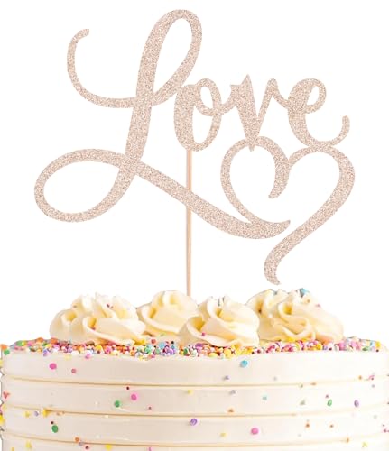 AHAORAY Love Cake Topper - Rose Gold Glitter Paper Wedding Cake Decoration Supplies, Perfect for Bridal Shower/Engagement/Anniversary/Birthday Party