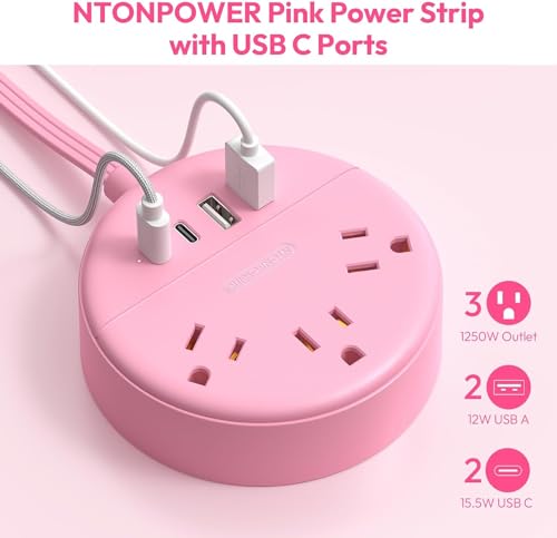 NTONPOWER Extensión Pink 10 FT Power Strip 2 Prong con USB C, 3 Tomas, 4 Puertos USB miniatura 3