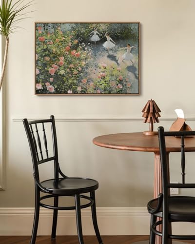 Image of KISSFOX Vintage Framed Wall Art Ballerinas Dancing in Rose Garden Canvas Art Prints Rustic Farmhouse Pictures Wall Decor Cottagecore Summer Aesthetic Paintings Artwork For Dorm Bedroom Apartment