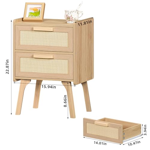 Lerliuo Rattan Nightstands Set of 2, Boho Night Stand with 2 Drawers, Cane Accent Side End Table, Bedside Table with Solid Wood Legs for Bedroom, Dorm and Small Spaces (Natural)