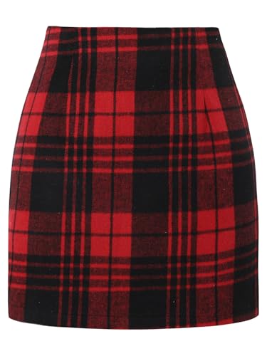 onlypuff Plaid Skirts for Women High Waisted Mini Skirts Ladies Fall Fashion Outfits Bodycon Above The Knee Dress Red Black M