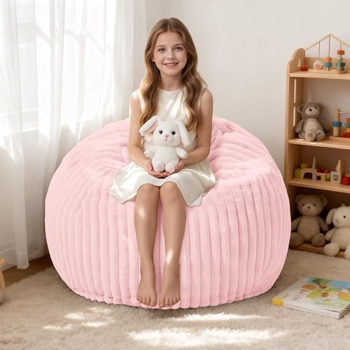 HABUTWAY 2FT Bean Bag Chair 2 Bean Bag Chairs with Memory Foam Filled Small Comfy Beanbag Chair with Stripe Plush Cover for Living Room Bedroom DormTender Pink