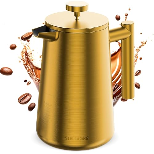STELLAGRO Cafetera de prensa francesa, prensa francesa de acero inoxidable, 34 onzas/1 L, cafetera grande aislada de doble pared con 3 filtros de malla adicionales, acabado satinado, dorado
