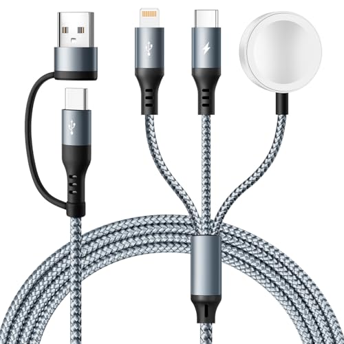 Upgraded 3 in 2 Multi Charging Cable for iPhone & iWatch, 4Ft Magnetic Wireless Apple Watch Charger USB C Cable Universal Travel Charger Nylon Braided for iWatch SE/9-1/& iPhone 16-1 (1, Grey, 4Ft)