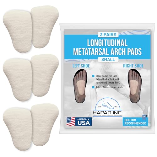 Hapad Metatarsal Pads Small, 3/8 Thick (Pack of 3 Pairs) - Longitudinal Metatarsal Arch Pads Made from 100% Wool Felt for Support, Comfort and Foot Pain Relief