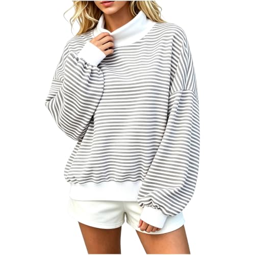 Mock Neck Sweatshirt for Women Striped Oversized Long Sleev Casual Pullover